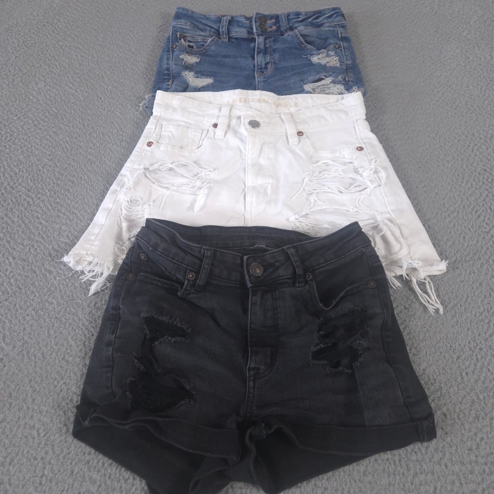 LOT OF 3 American Eagle Shorts Womens 00 Highest Rise Baggy Distressed Denim